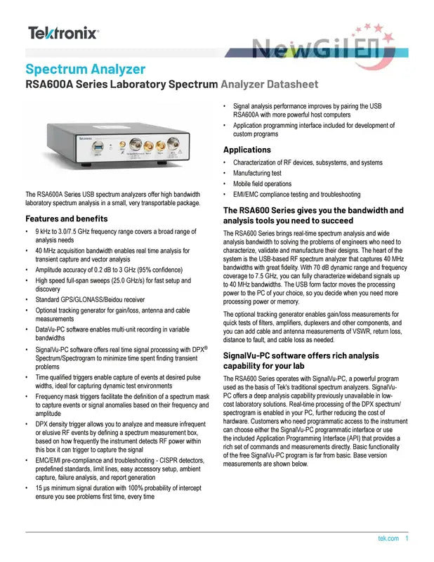 Tektronix RSA603A RSA607A 9 kHz - 3.0 GHz 7.5GHz 40 MHz Bandwidth USB Real Time Spectrum Analyzer