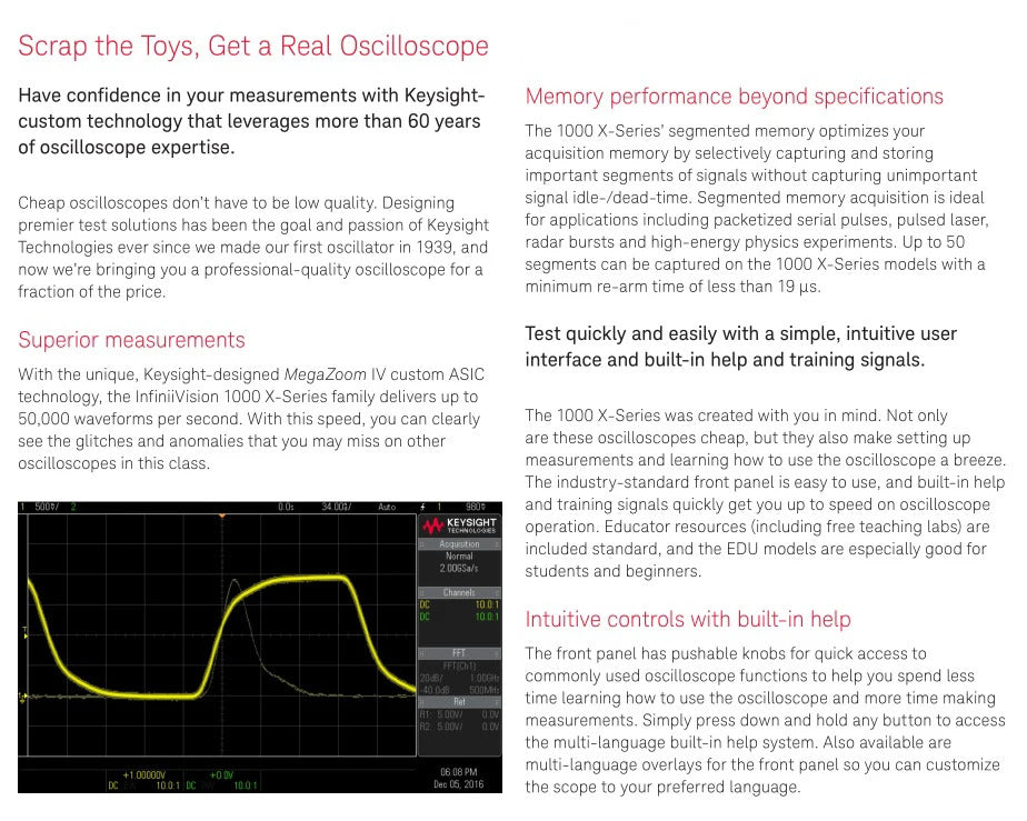 High Performance Keysight EDUX1002G Oscilloscopes