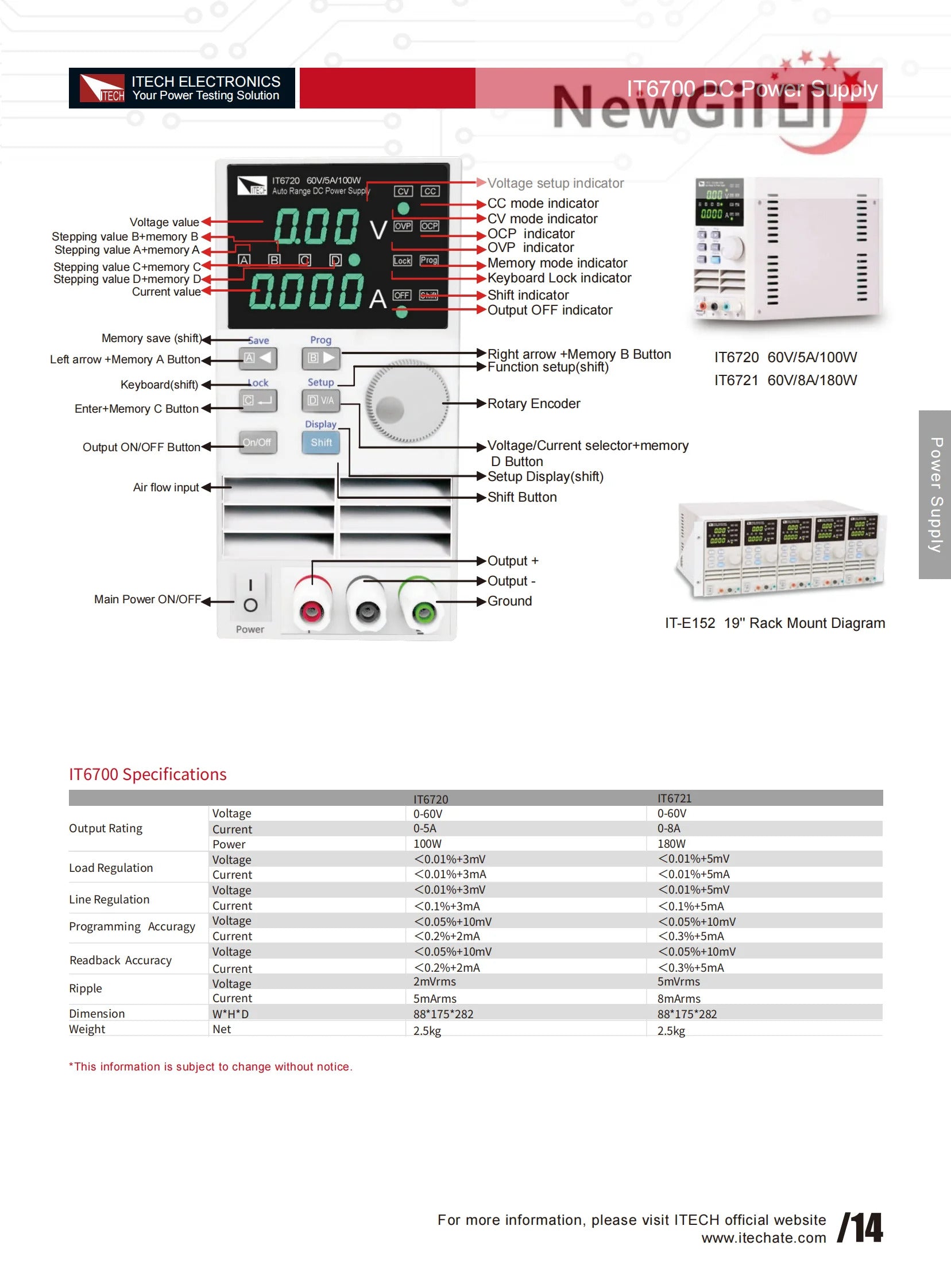 ITECH IT6700 Series IT6720 0-60V 0-5A 100W  IT6721 0-60V 0-8A 180W   regulated dc digital power supply