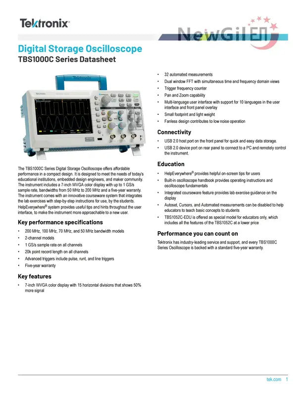 Tektronix The TBS1000C Series Digital Storage Oscilloscope,TBS1052C,TBS1072C,TBS1102C,TBS1202C,50MHz 100 MHz 200MHz, 2 Channel