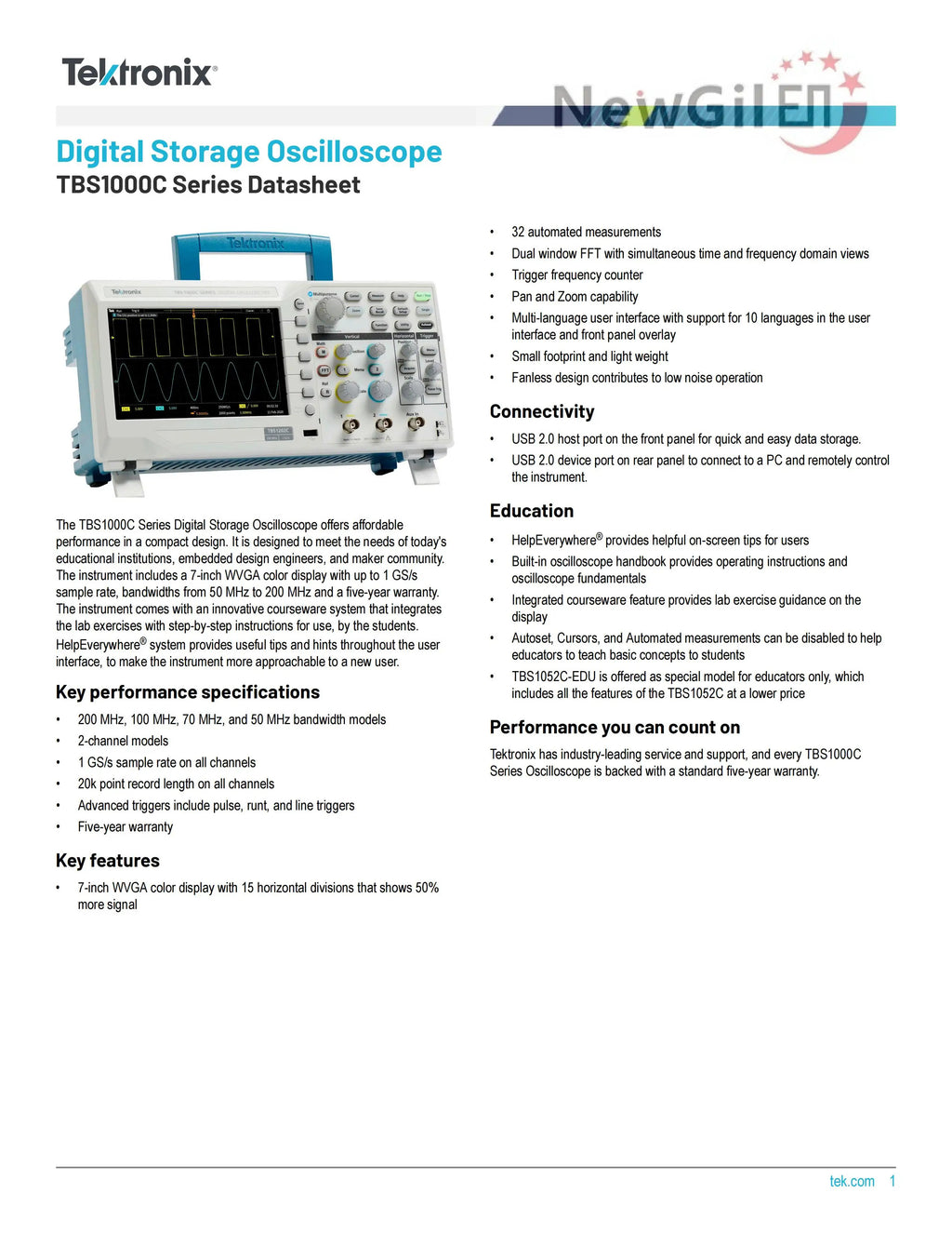 Tektronix The TBS1000C Series Digital Storage Oscilloscope,TBS1052C,TBS1072C,TBS1102C,TBS1202C,50MHz 100 MHz 200MHz, 2 Channel
