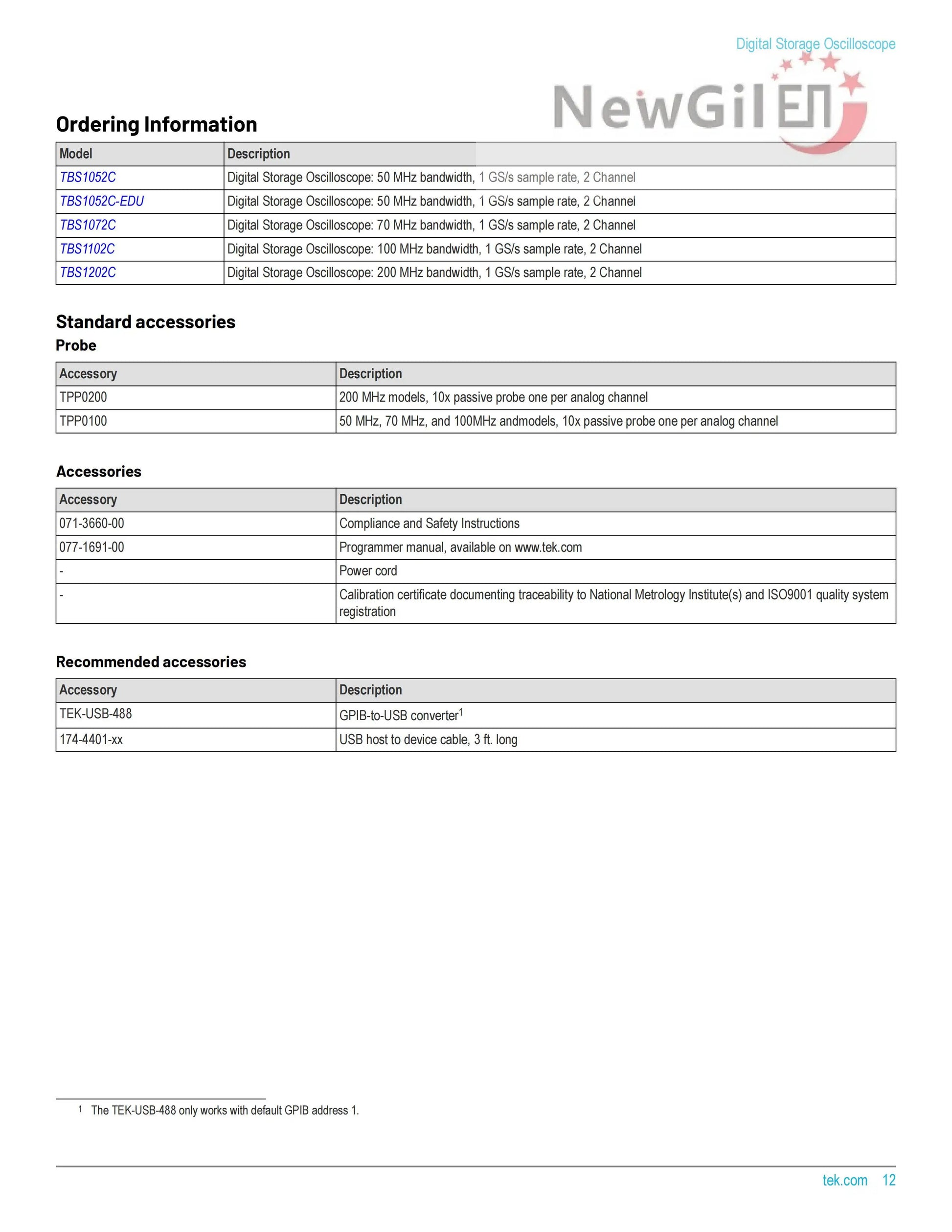 Tektronix The TBS1000C Series Digital Storage Oscilloscope,TBS1052C,TBS1072C,TBS1102C,TBS1202C,50MHz 100 MHz 200MHz, 2 Channel