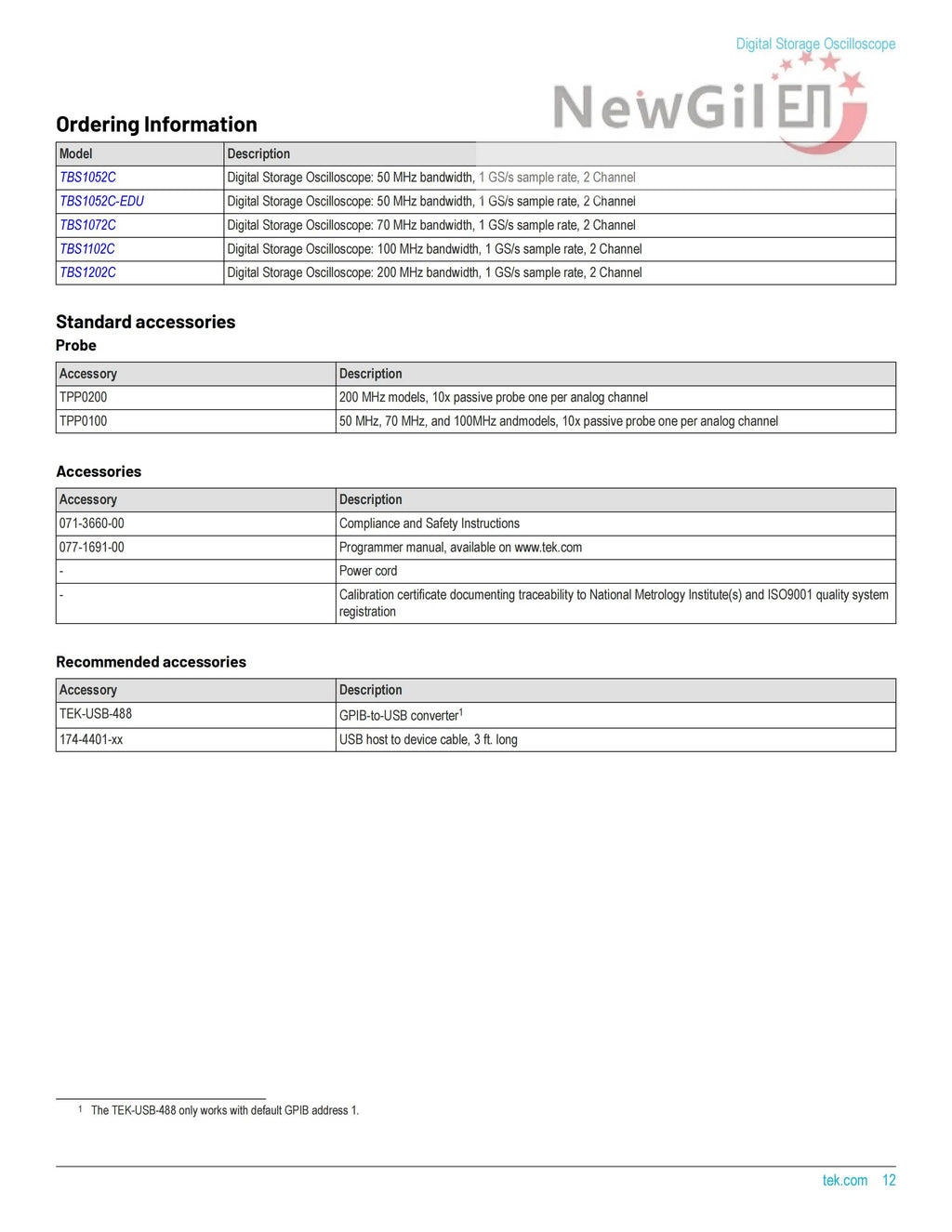 Tektronix The TBS1000C Series Digital Storage Oscilloscope,TBS1052C,TBS1072C,TBS1102C,TBS1202C,50MHz 100 MHz 200MHz, 2 Channel