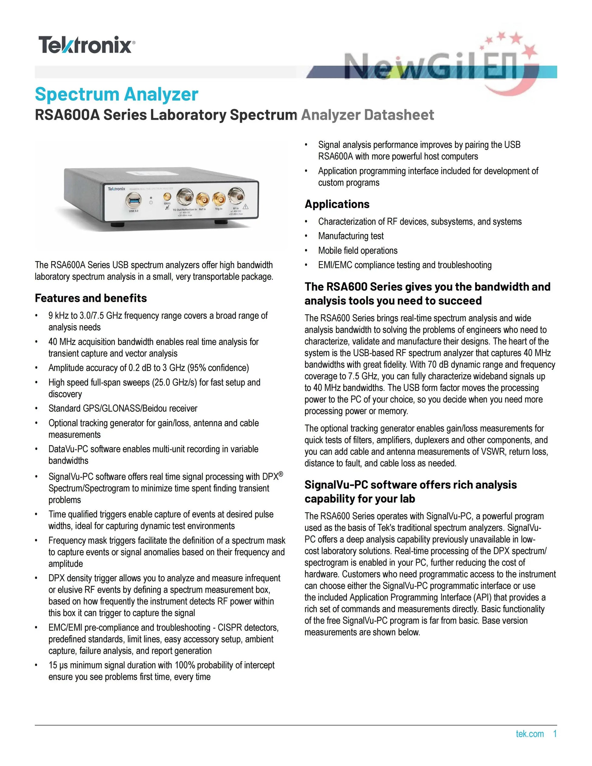 Tektronix RSA603A RSA607A  9 kHz - 3.0 GHz 7.5GHz 40 MHz Bandwidth USB Real Time Spectrum Analyzer