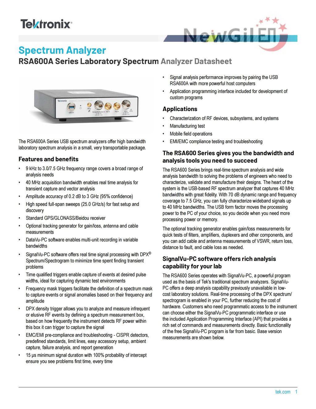 Tektronix RSA603A RSA607A  9 kHz - 3.0 GHz 7.5GHz 40 MHz Bandwidth USB Real Time Spectrum Analyzer