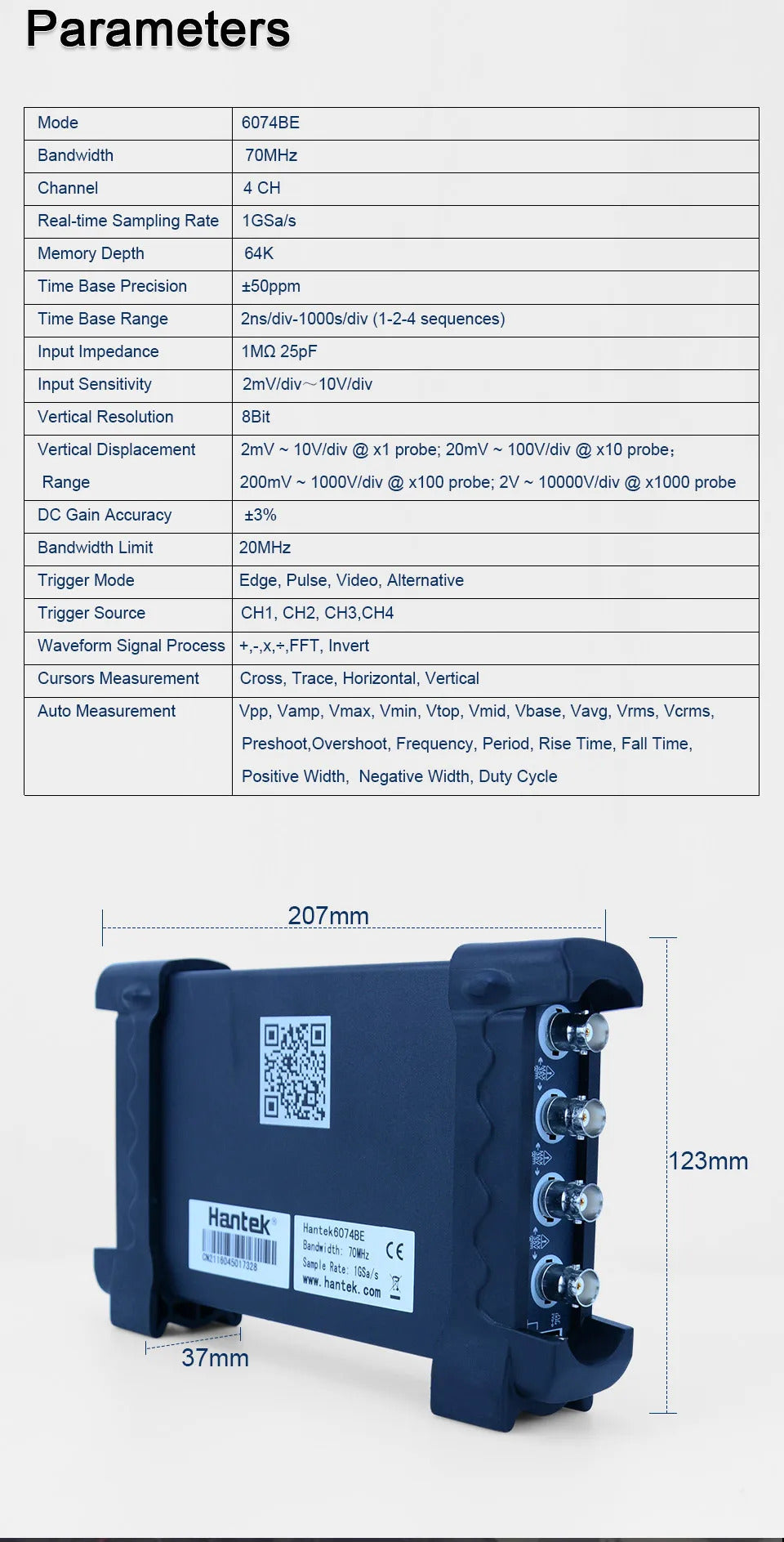 6074BE 70MHz 4CH Auto Digital Oscilloscope Set Diagnostic Tool 1GSa/s  USB Virtual Oscilloscope Car Diagnostic Instrument