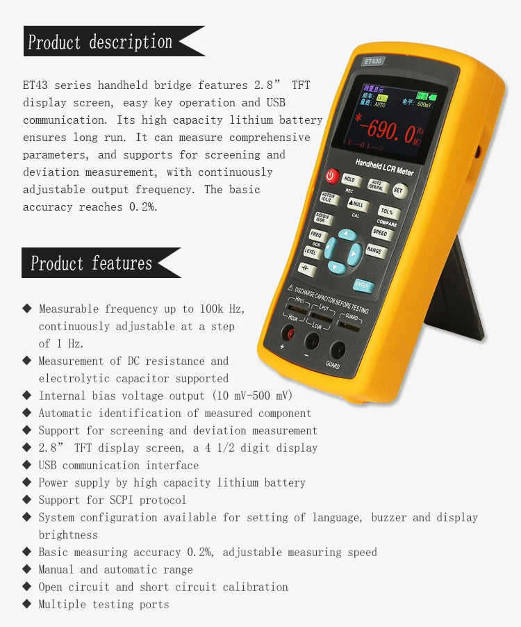 ET430, ET432, ET433, ET431, ET430B, Handheld LCR High Precision Digital Bridge TFT Liquid Crystal Dissolution Resistance Meter