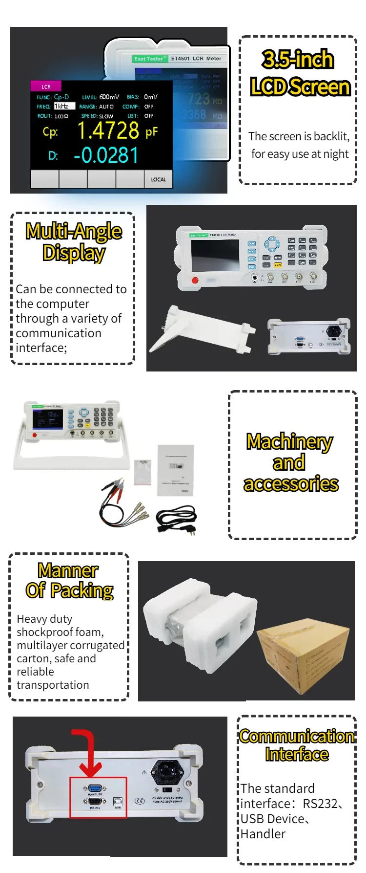 East Tester ET4501,ET4502,ET4510 desktop LCR precision digital laboratory tester, measure resistance, capacitance,inductance