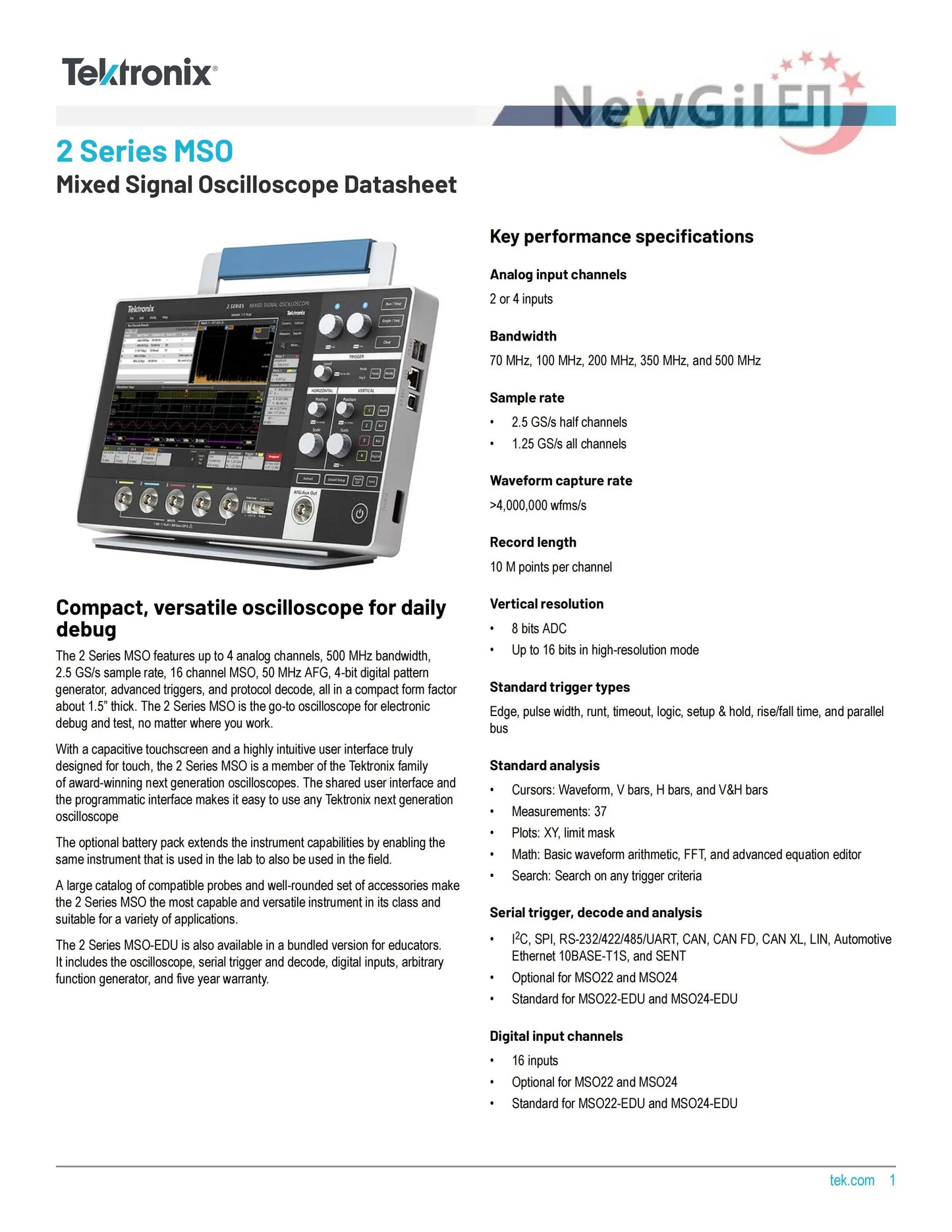 Tektronix MSO22 Oscilloscope MSO22 2-BW-70 MSO22 2-BW-100 MSO22 2-BW-200 MSO22 2-BW-350,MSO22 2-BW-500 Bandwidth 200MHz 500 MHz