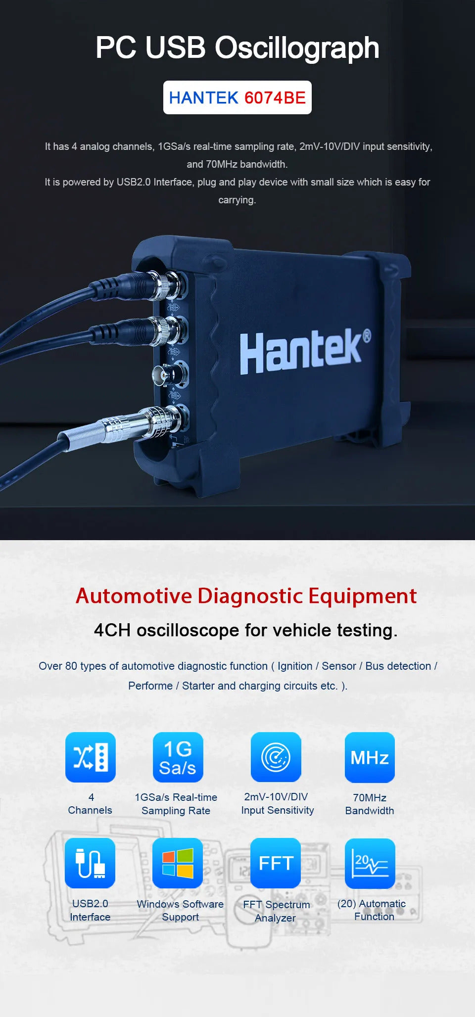 6074BE 70MHz 4CH Auto Digital Oscilloscope Set Diagnostic Tool 1GSa/s  USB Virtual Oscilloscope Car Diagnostic Instrument