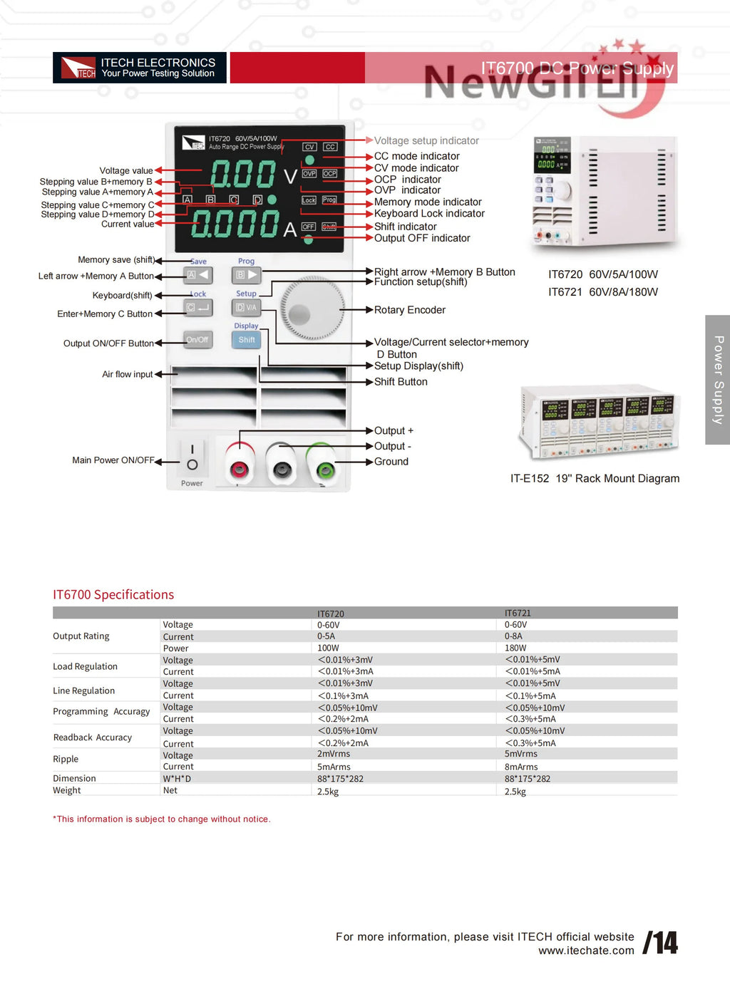 ITECH IT6700 Series IT6720 0-60V 0-5A 100W  IT6721 0-60V 0-8A 180W   regulated dc digital power supply