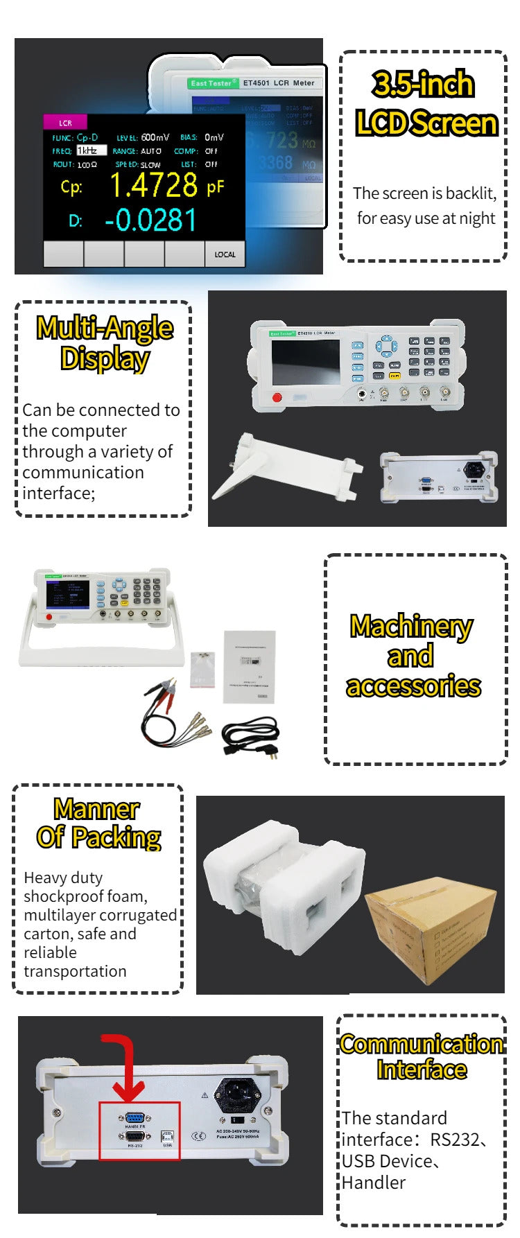 East Tester Benchtop LCR Meter Precision Digital Lab Tester for Apacitance Ground Insulation Resistance Inductance Accuracy 0.1%