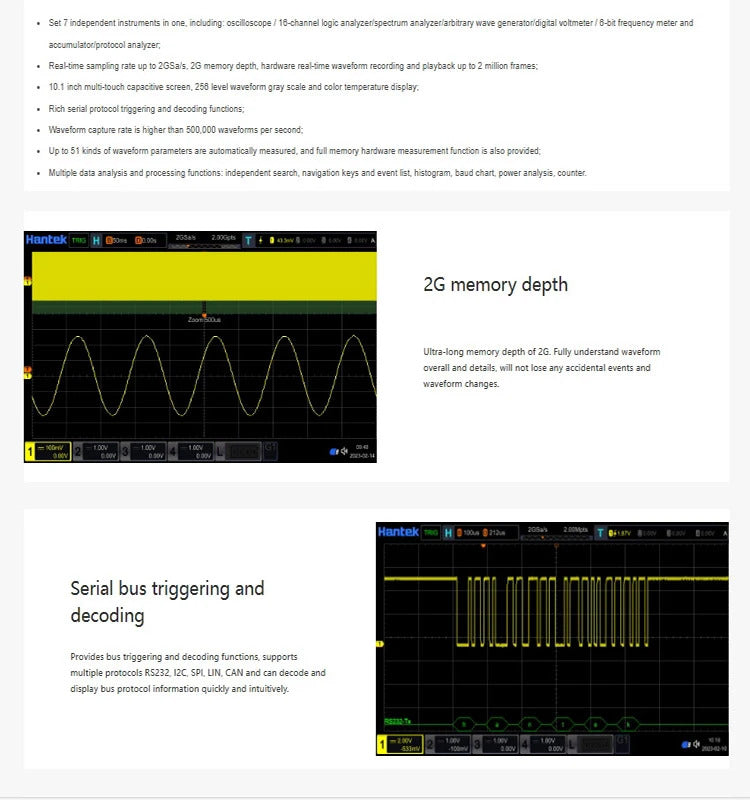 Hantek bandwidth 200MHz 4-channel oscilloscope, 2GSa/s sample rate, DPO7204 oscilloscope