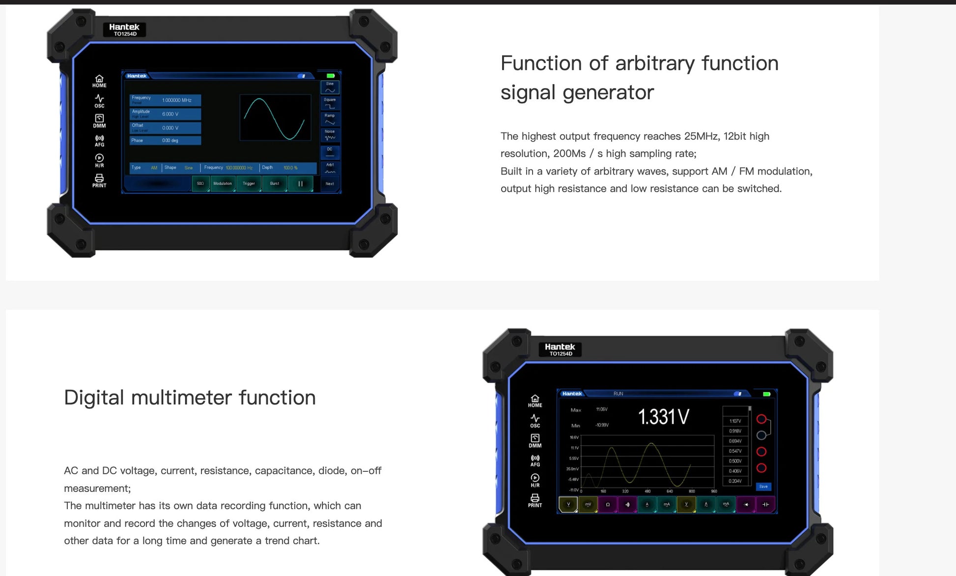 Hantek Full Touch Screen Oscilloscope TO1000 Series Oscilloscope 2 Channels 110Mhz Hanheld Osciloscopio+Signal Source+Multimeter