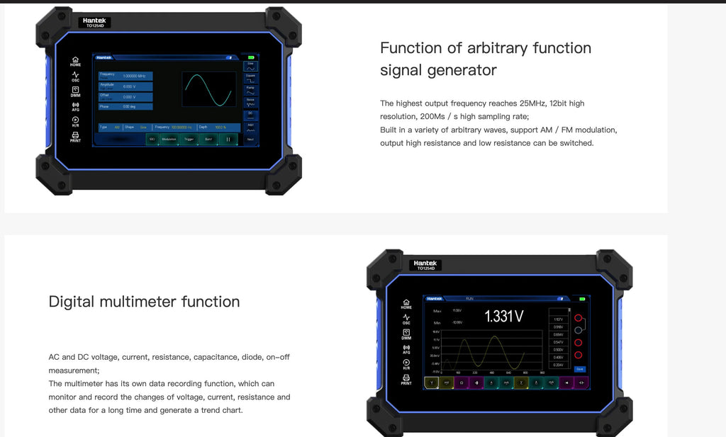 Hantek Full Touch Screen Oscilloscope TO1000 Series Oscilloscope 2 Channels 110Mhz Hanheld Osciloscopio+Signal Source+Multimeter