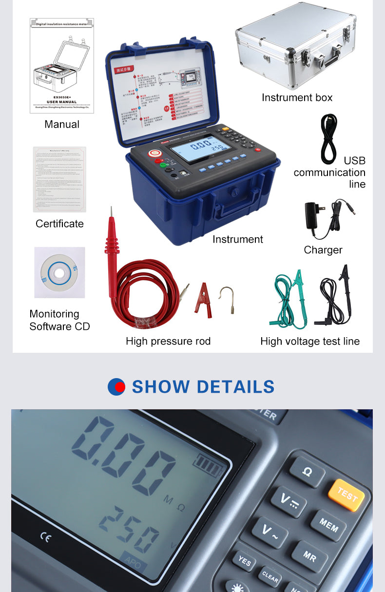 FUZRR ES3035  Digital Insulation Resistance Testers Ohm Range 0.01MΩ~2000GΩ Rated voltage 250V~5kV Ohmmeters  Megohmmeter
