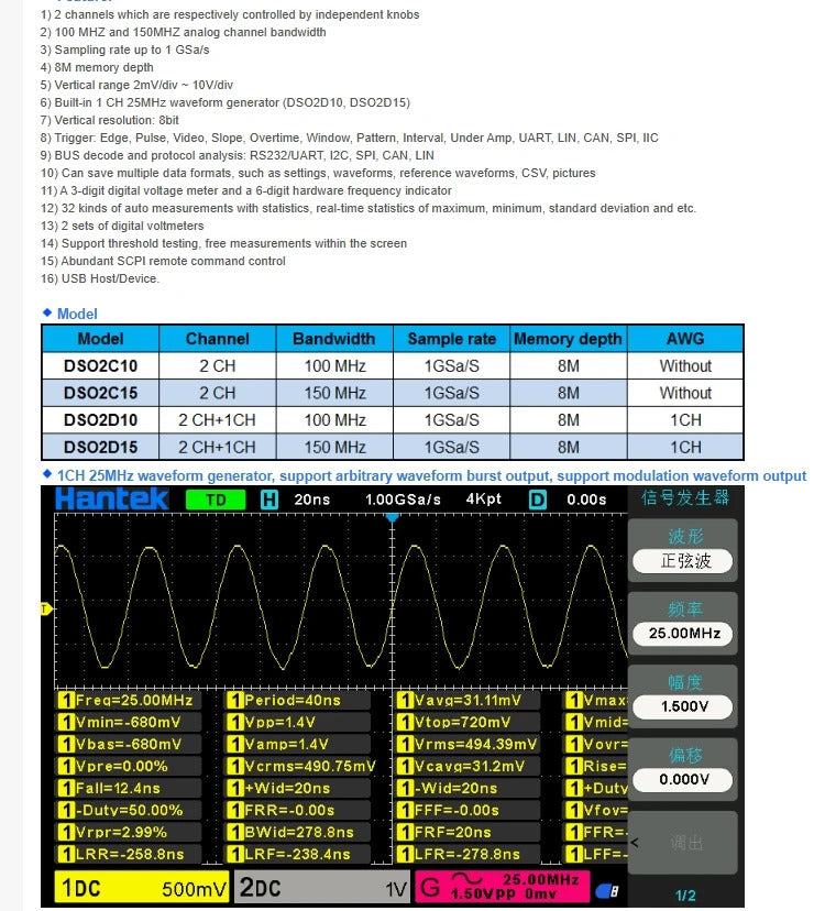 Hantek Bandwidth 150MHz Dual Channel Oscilloscope with Built-in 1CH Source, 1GSa/s Sampling Rate, DSO2D15 Oscilloscope