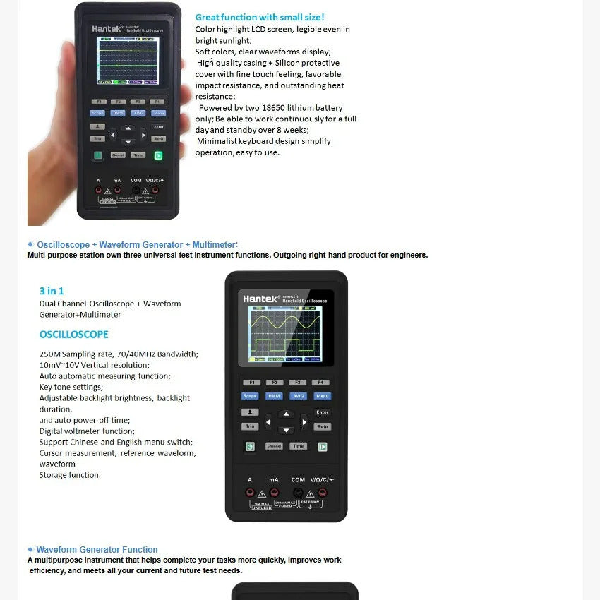 Hantek Oscilloscope + Source + Multimeter: One machine multi-purpose 2C42 handheld oscilloscope