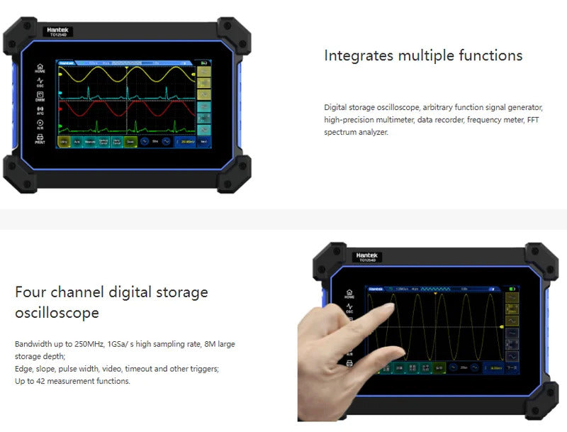 Hantek Full Touch Screen Oscilloscope TO1000 Series Oscilloscope 2 Channels 110Mhz Hanheld Osciloscopio+Signal Source+Multimeter