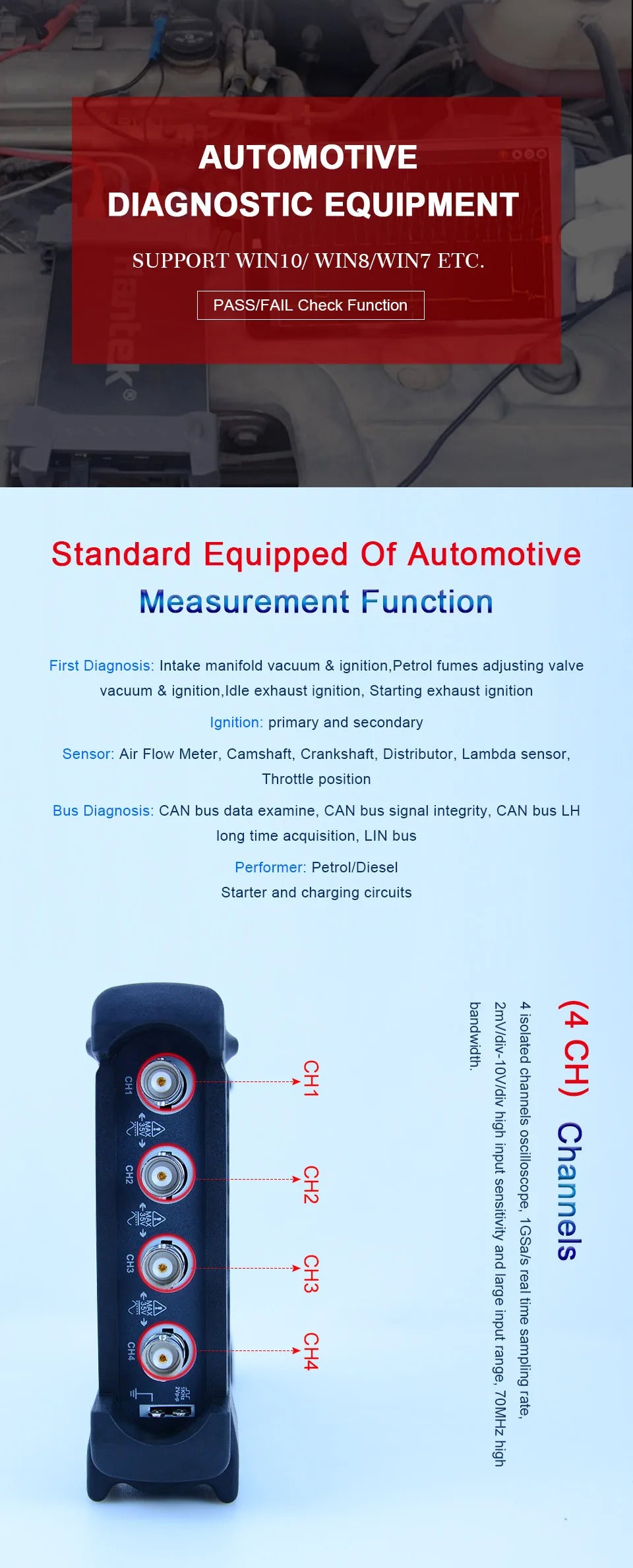 6074BE 70MHz 4CH Auto Digital Oscilloscope Set Diagnostic Tool 1GSa/s  USB Virtual Oscilloscope Car Diagnostic Instrument