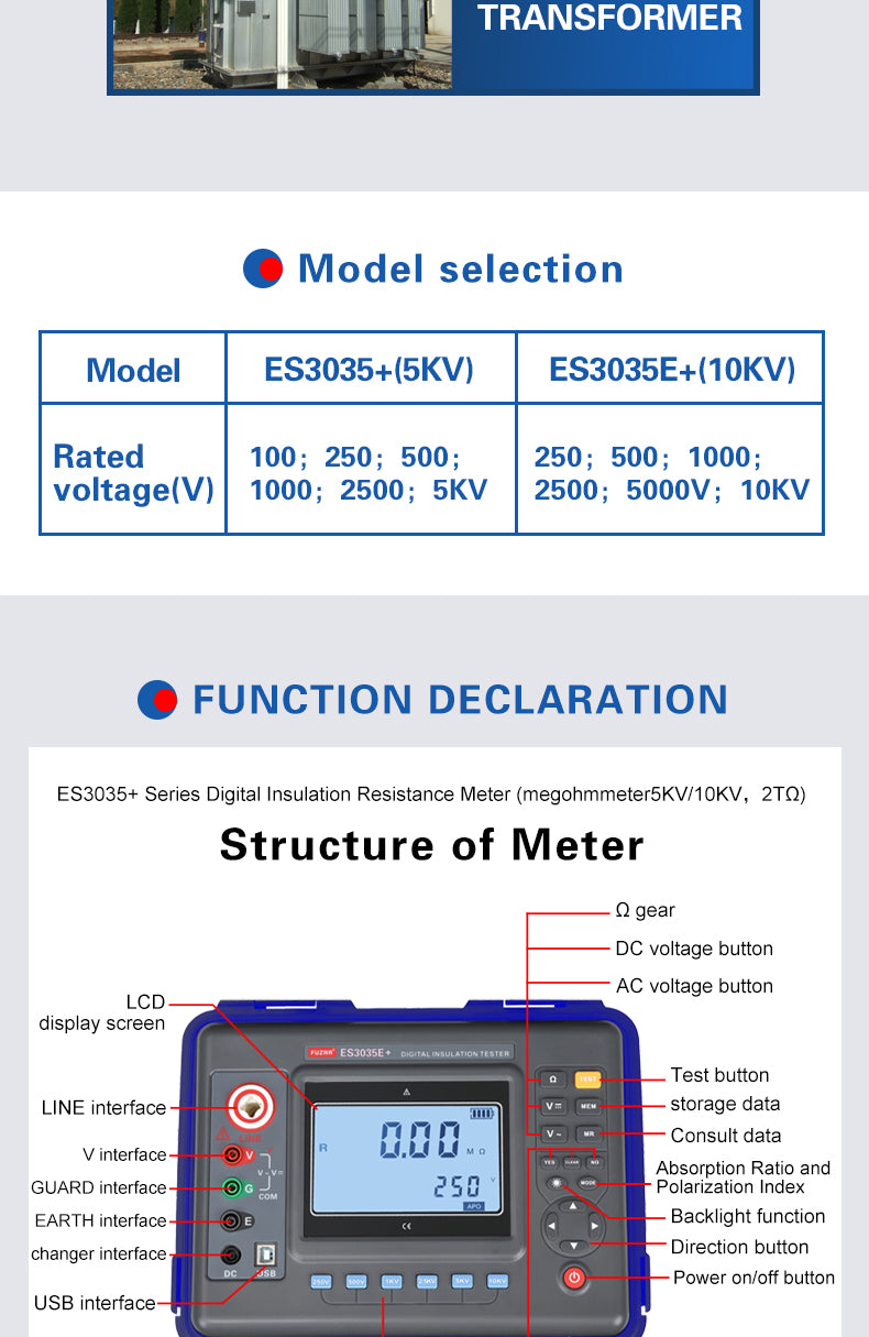 FUZRR ES3035  Digital Insulation Resistance Testers Ohm Range 0.01MΩ~2000GΩ Rated voltage 250V~5kV Ohmmeters  Megohmmeter