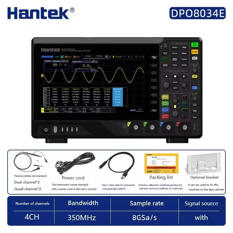 Hantek bandwidth 350MHz, 4-channel oscilloscope + 2-channel signal source + 16-channel logic analyzer, DPO8034E oscilloscope