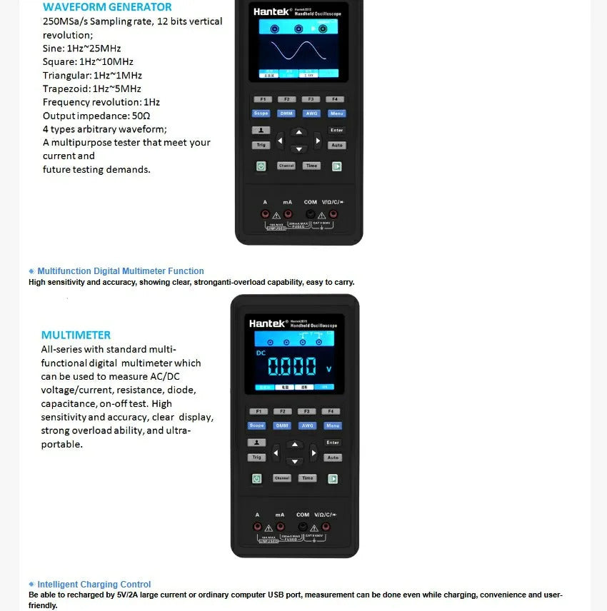 Hantek Oscilloscope + Source + Multimeter: One machine multi-purpose 2C42 handheld oscilloscope