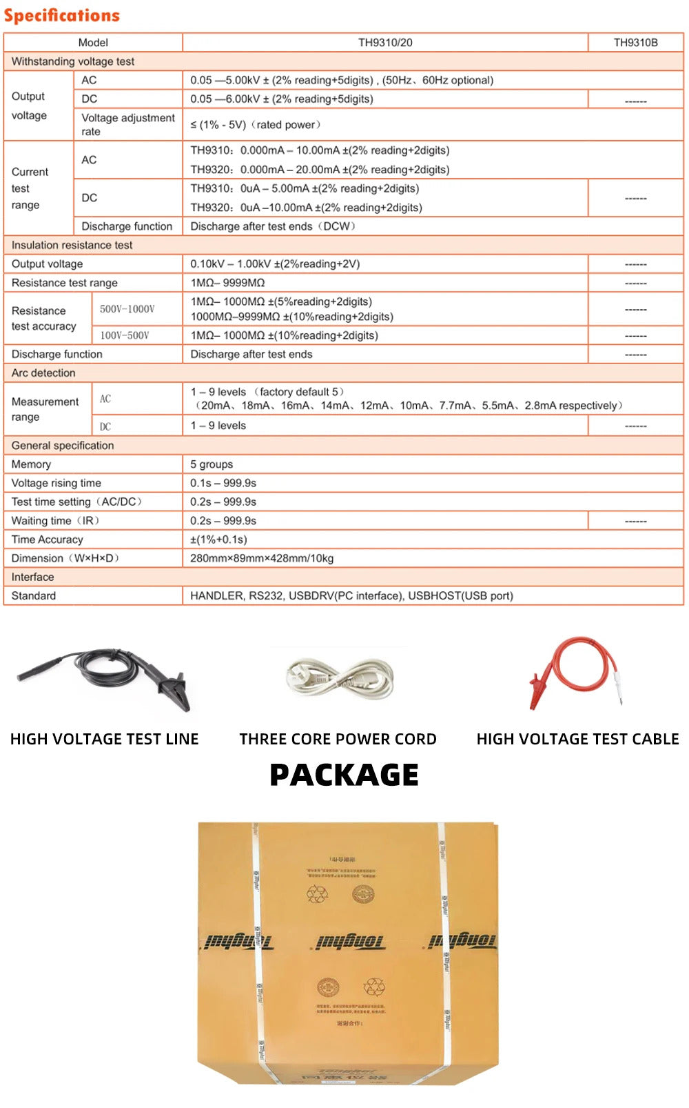 Tonghui TH9310 Hipot Tester Withstanding Voltage Tester AC&DC, TH9310B AC Type TH9320